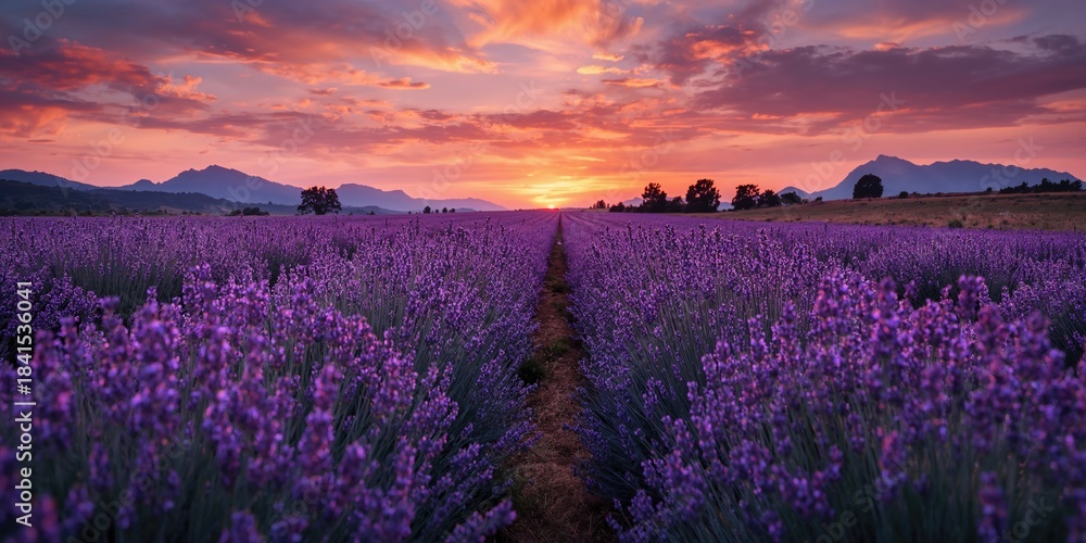 Naklejka premium Sunset-lit lavender blooms creating vibrant background for design, seasonal floral landscapes, Earth Day