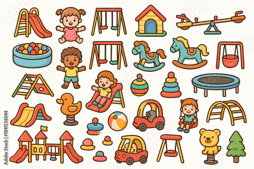 Playful cartoon children and playground toys illustration colorful elements