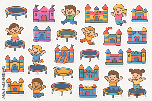 Colorful cartoon children playing on trampolines and bouncy castles