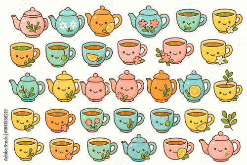 Cute colorful cartoon teapots and teacups with smiling faces and floral designs