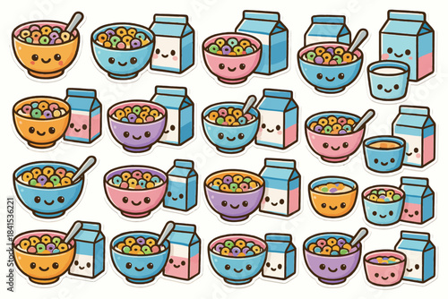 Cute cartoon breakfast pattern with cereal bowls and milk cartons