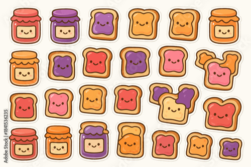 Cute cartoon bread and jam stickers with smiling faces in various colors