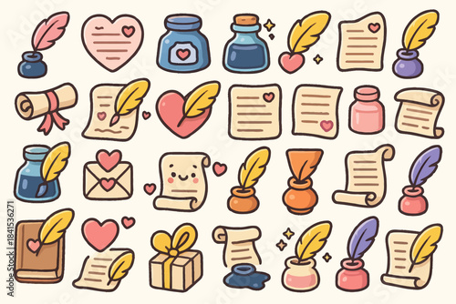 Cute hand-drawn stationery icons with hearts, feathers, and scrolls in pastel colors