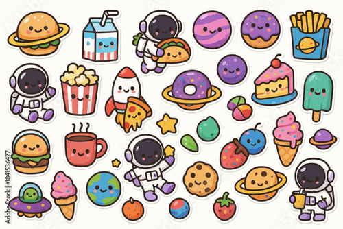 Cute cartoon stickers of space explorers, planets, and food characters
