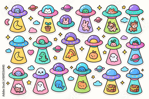 Cute cartoon ufos with animals and objects in colorful space