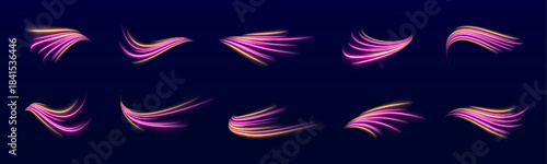 Abstract neon spirals twist elegantly across dark space, forming luminous trails. Motion conveys energy and excitement. Perfect for sci-fi digital art.