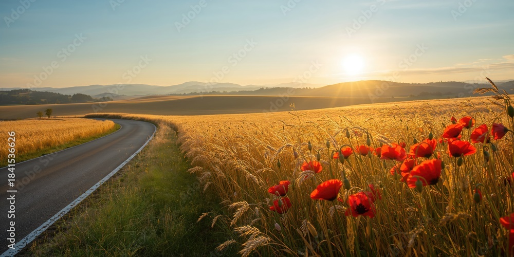 Naklejka premium Landscape scene featuring red poppies along a winding road through grain fields, seasonal change and rural accessibility