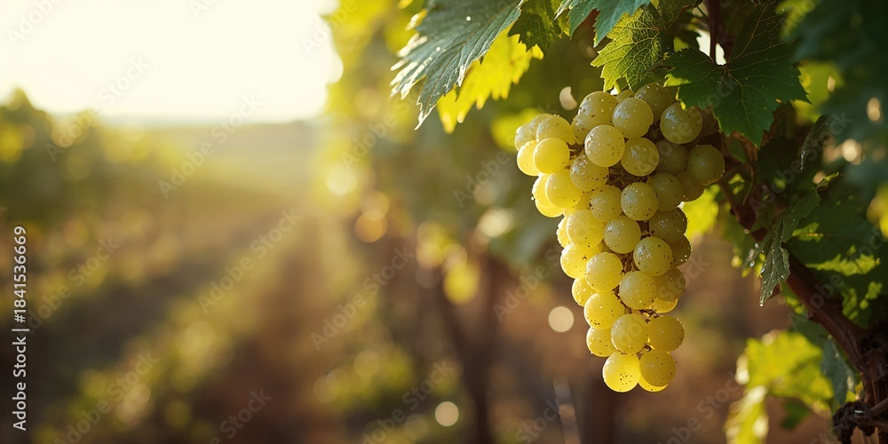 Fototapeta premium White grape cluster in the vineyard scene, highlighting fruit maturity for agricultural assessment