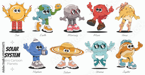 Retro cartoon planets of the solar system. Cute groovy characters for kids' education. Isolated vector illustrations.
