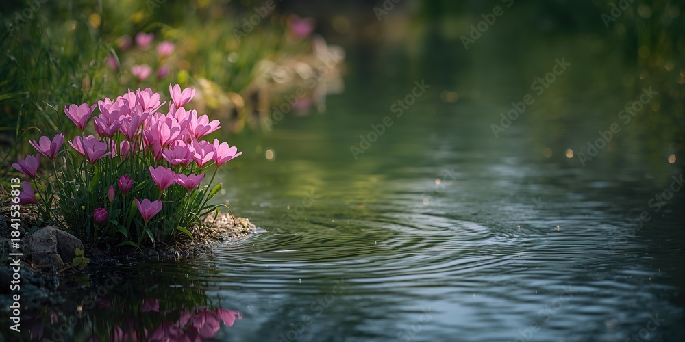 Naklejka premium Heart-shaped flowers floating on a river, natural landscape features for environmental awareness