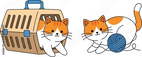 Cartoon cats with pet carrier and yarn ball, playful orange white feline duo, cozy domestic animal scene for kids