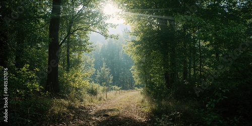 Fototapeta Naklejka Na Ścianę i Meble -  Bright dawn sunshine over a forest path during summer in Nordland, ideal for outdoor activities