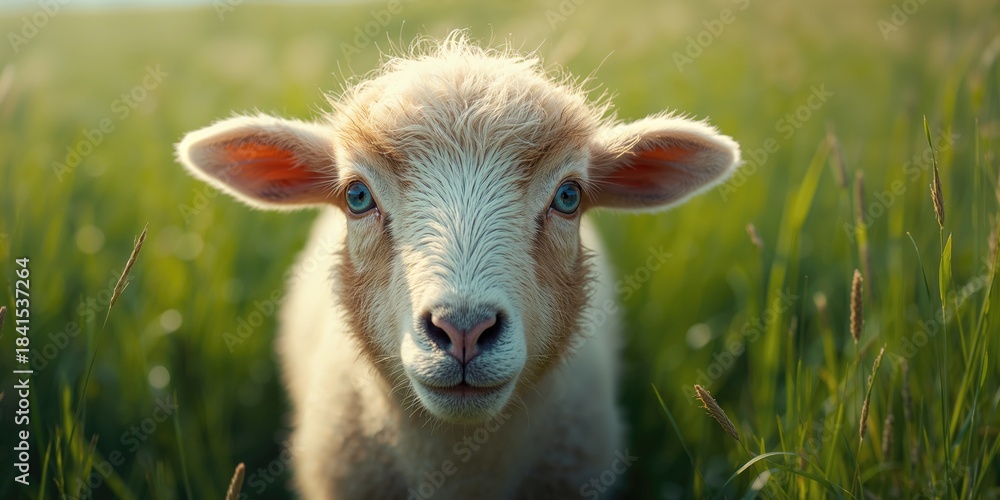 Fototapeta premium Detailed view of a sheep's face highlighting its vivid blue eye, illustrating livestock care, World Animal Day