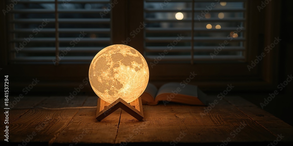 Obraz premium Moon lamp on desktop at night with warm glow, creating a calming workspace environment