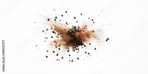 Fototapeta Naklejka Na Ścianę i Meble -  Black peppercorns bursting and floating in mid-air, illustrating spice release during cooking, International Spices Day