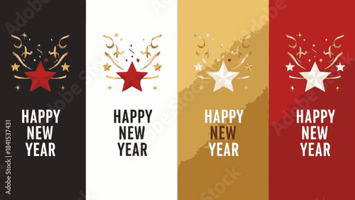 Stunning set of four modern Happy New Year greeting banners featuring festive stars and golden confetti for holiday promotions