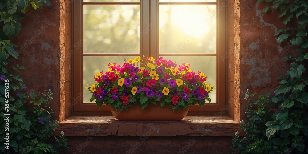 Naklejka premium Bright petunia blooms on a windowsill illuminated by spring sunlight, highlighting seasonal flowering