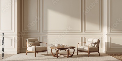 Beige classic interior with lounge armchairs and decorative wall moldings, serving as a background for elegant layouts