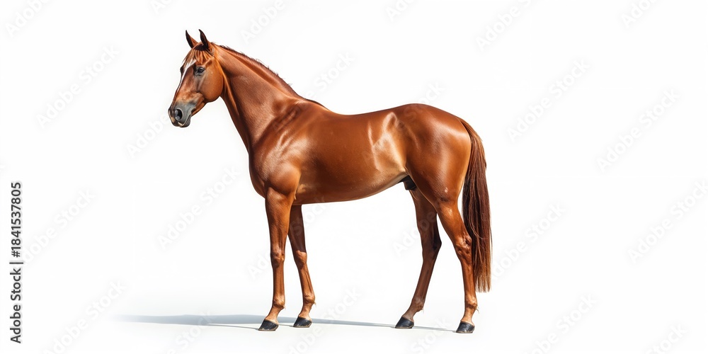 Naklejka premium Thoroughbred racehorse standing on track, illustrating muscular build and racing readiness, no visible branding