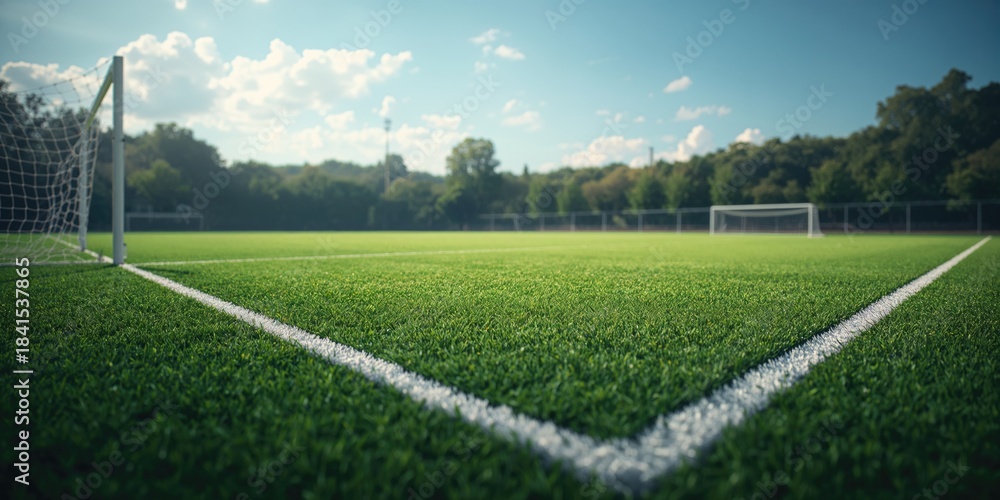 Obraz premium Synthetic grass playing surface on a soccer field, designed for athletic training and amateur matches