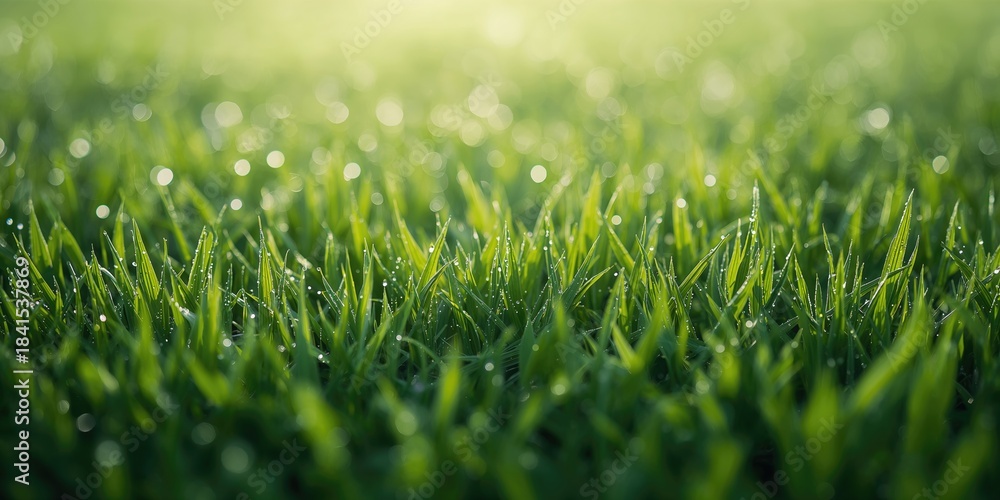 Naklejka premium Detailed view of healthy grass with dew droplets, emphasizing natural texture for environmental awareness, Earth Day