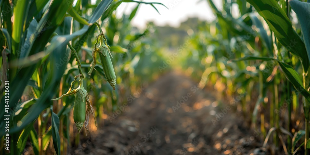 Fototapeta premium Corn pods on the corn plant, illustrating agricultural crop growth during the season