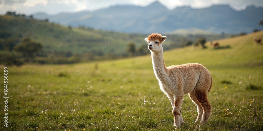 Fototapeta premium A cute Vicugna pacos on a farm, showcasing its soft wool and playful stance, ideal for agricultural layout
