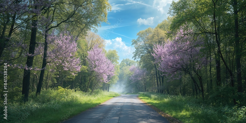 Naklejka premium Springtime scene of a paved road winding through an enchanted forest, ideal for outdoor excursions