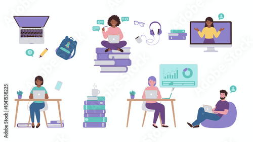 Dynamic collection of diverse students and professionals engaging in remote learning and modern digital work setups