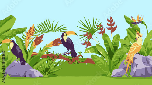 Vibrant jungle scene featuring colorful toucans and exotic parrot amidst lush tropical foliage and bright blue sky