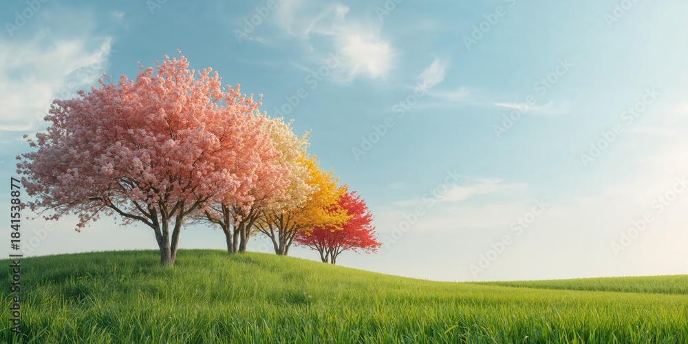 Naklejka premium Vivid blossoms in a green landscape, emphasizing summer flora and garden growth, Earth Day