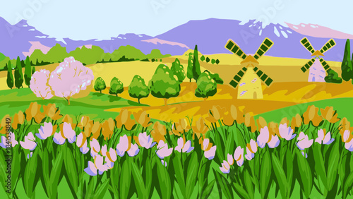 Vibrant Dutch countryside scene explodes with blooming tulips, rolling hills, and charming windmills under a bright sky