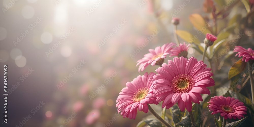 Obraz premium Bright pink gerbera daisies in a garden setting, showcasing flowering plant health for garden maintenance focus