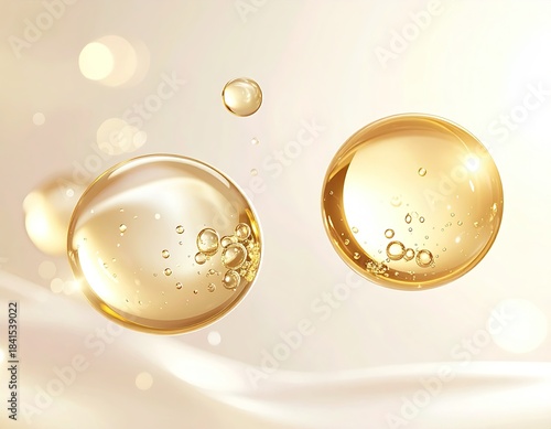 Glowing spheres with bubbles, soft background