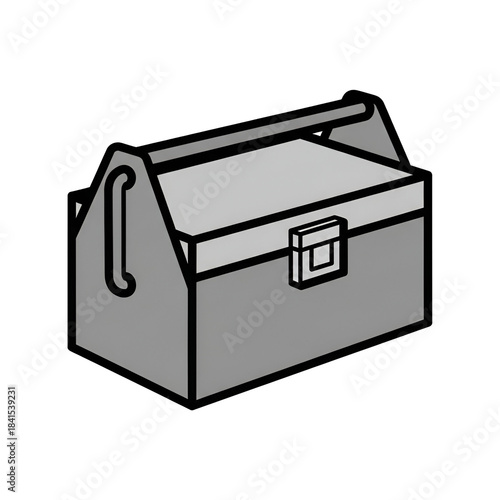 A gray metal toolbox with a handle and latch on a transparent background