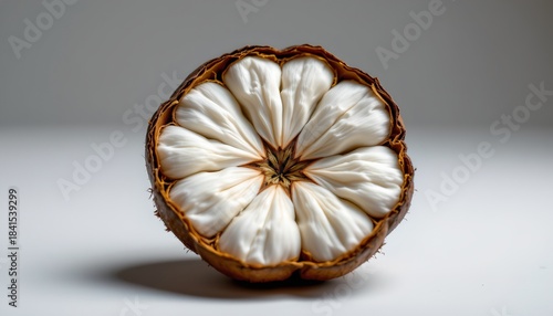 A whole unpeeled kiwi fruit with its spiky brown skin, resting on a plain surface.