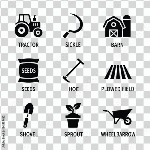 Collection of farm tools and icons on transparent background