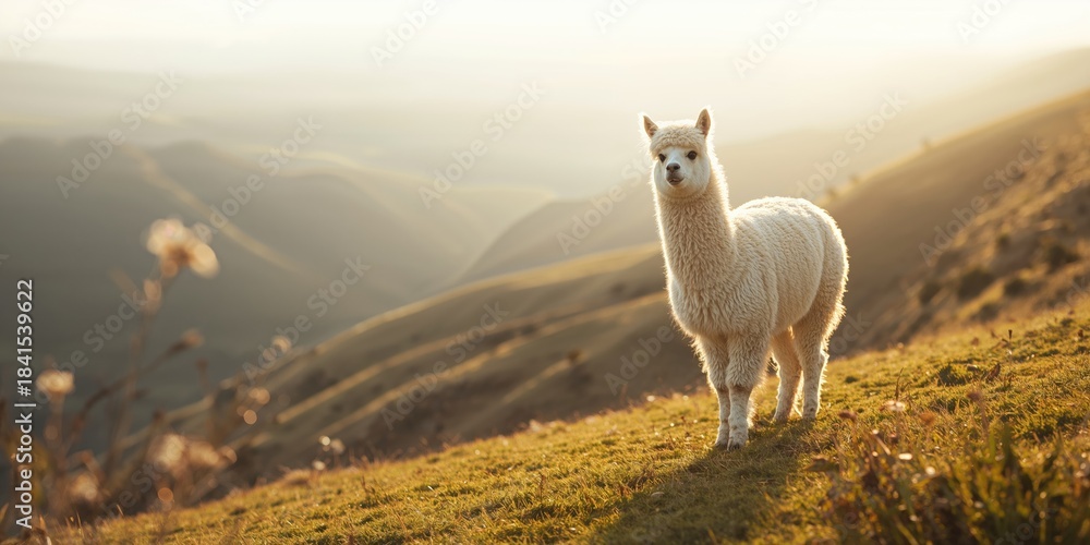 Fototapeta premium Domesticated alpacas in a herd on mountainous terrain, highlighting livestock management and grazing practices