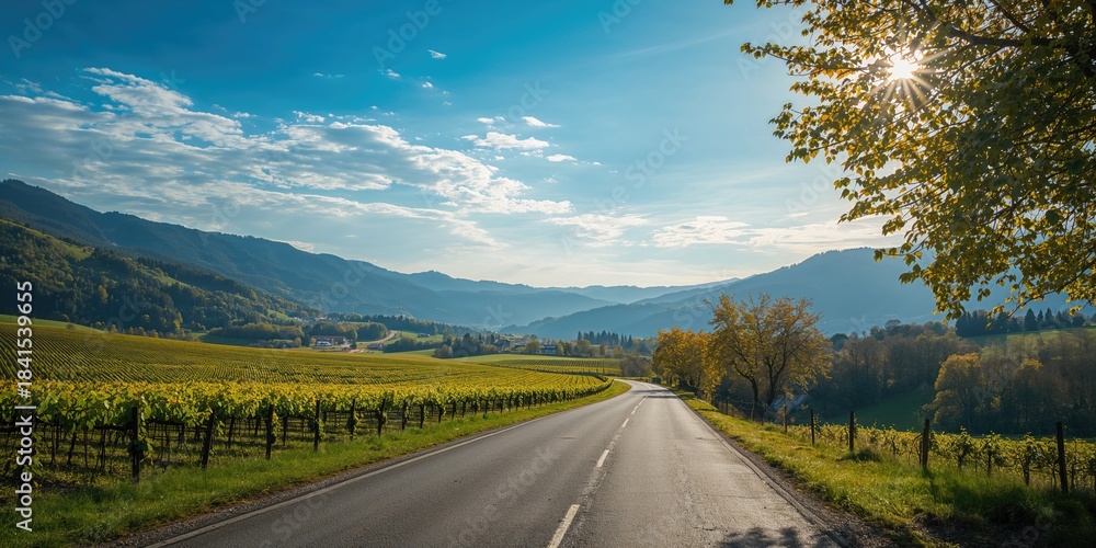 Fototapeta premium Empty road winding through the Mosel valley during early autumn, seasonal landscape change