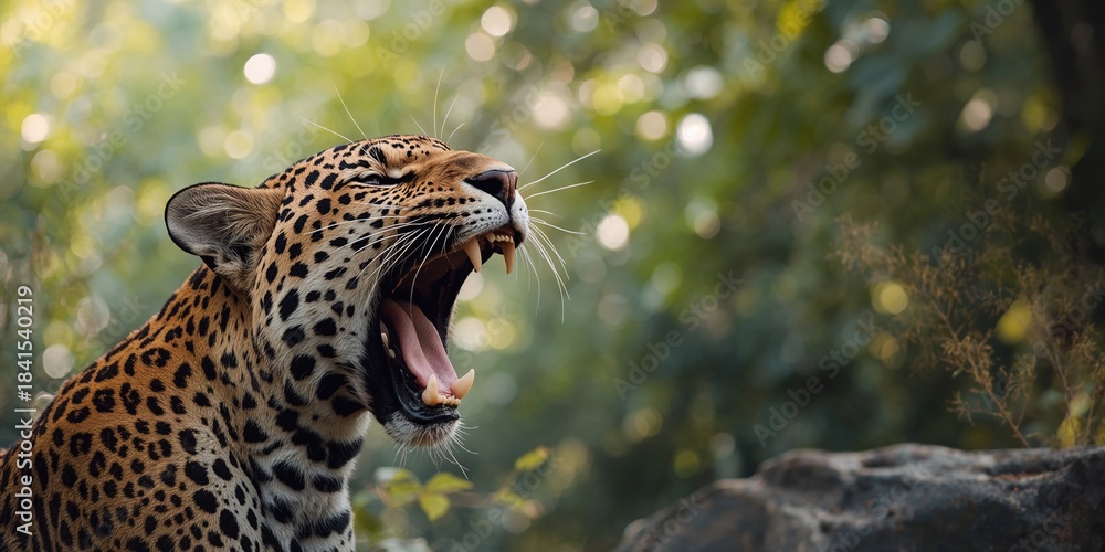 Obraz premium Leopard with a yawning display of dominance in Ranthambore, Rajasthan, illustrating natural behavior, animal conservation day