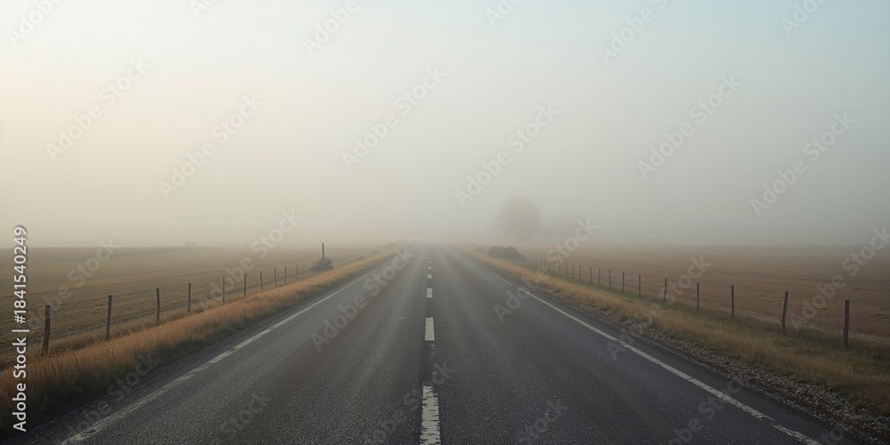 Fototapeta premium Serene summer morning scene with a foggy tarmac road in rural countryside, emphasizing tranquility and natural beauty