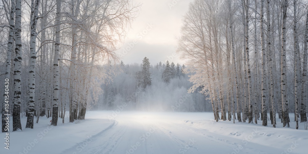 Obraz premium Birch forest blanketed in snow on a cloudy winter day, suitable as a seasonal background for text or design elements