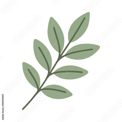A branch with pairs of green leaves growing opposite each other. A simple botanical illustration perfect for floral patterns, nature themes, and eco designs.