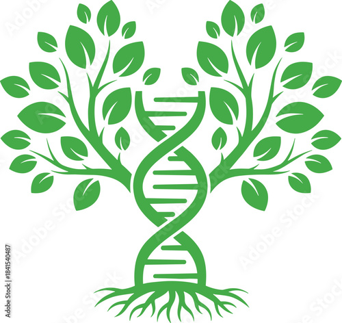 DNA tree illustration, genetic roots concept, biotechnology symbol, green helix trunk, nature and science fusion, plant genetics metaphor art