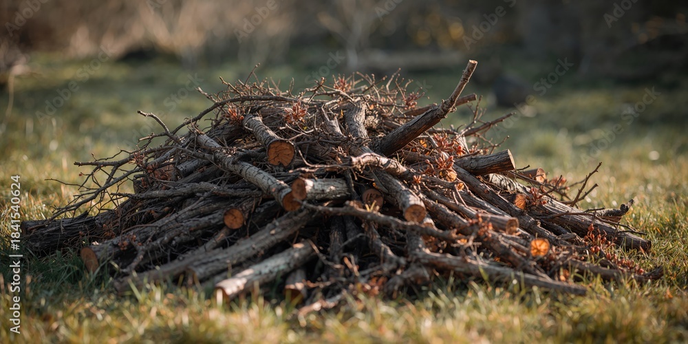Obraz premium Heap of felled branches showing budding growth and flowering pistils, highlighting seasonal change and plant health
