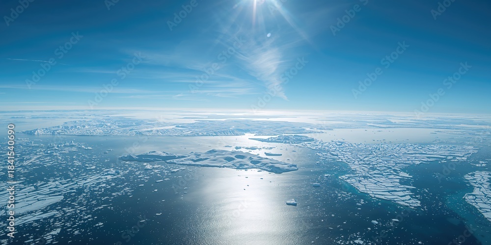 Fototapeta premium Greenland landscape seen from above, icy terrain and glacial features, Earth Day