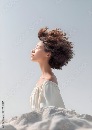 Woman enjoyment the wind and breathing air with rock, meditating, wind, air, breathing, beach, woman