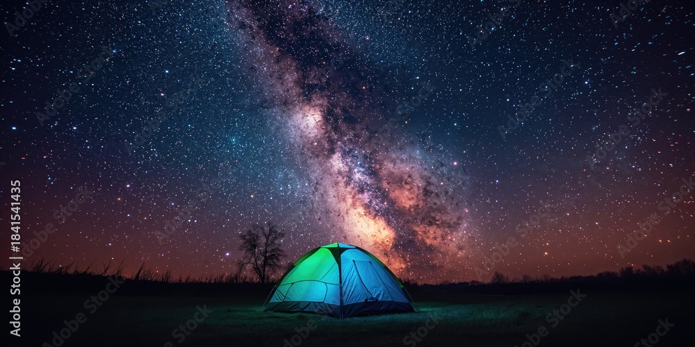 Obraz premium Night camping with tents and a star-filled sky, highlighting outdoor recreation and natural settings, Summer Solstice