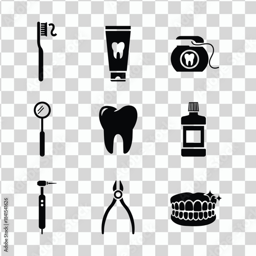 Collection of dental care icons on transparent background
