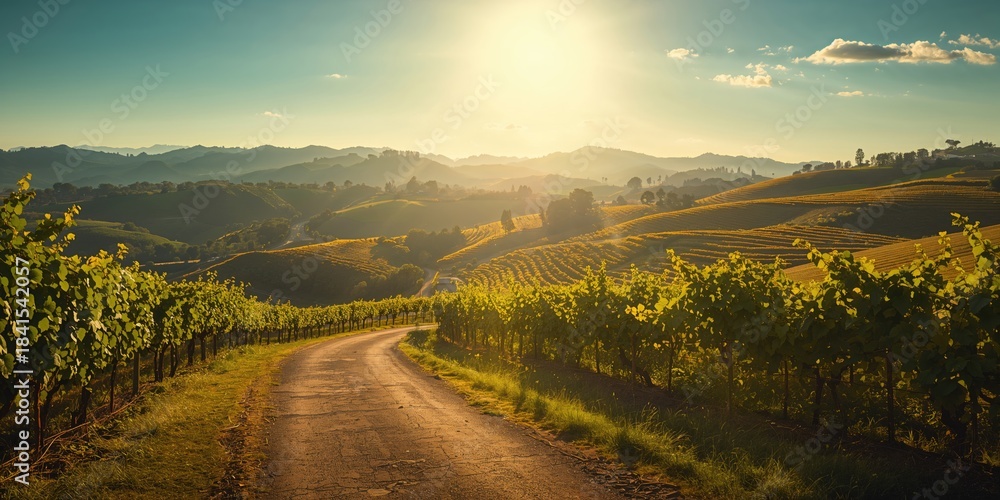 Fototapeta premium Rural pathway traversing cultivated grape fields, highlighting farming practices and landscape preservation